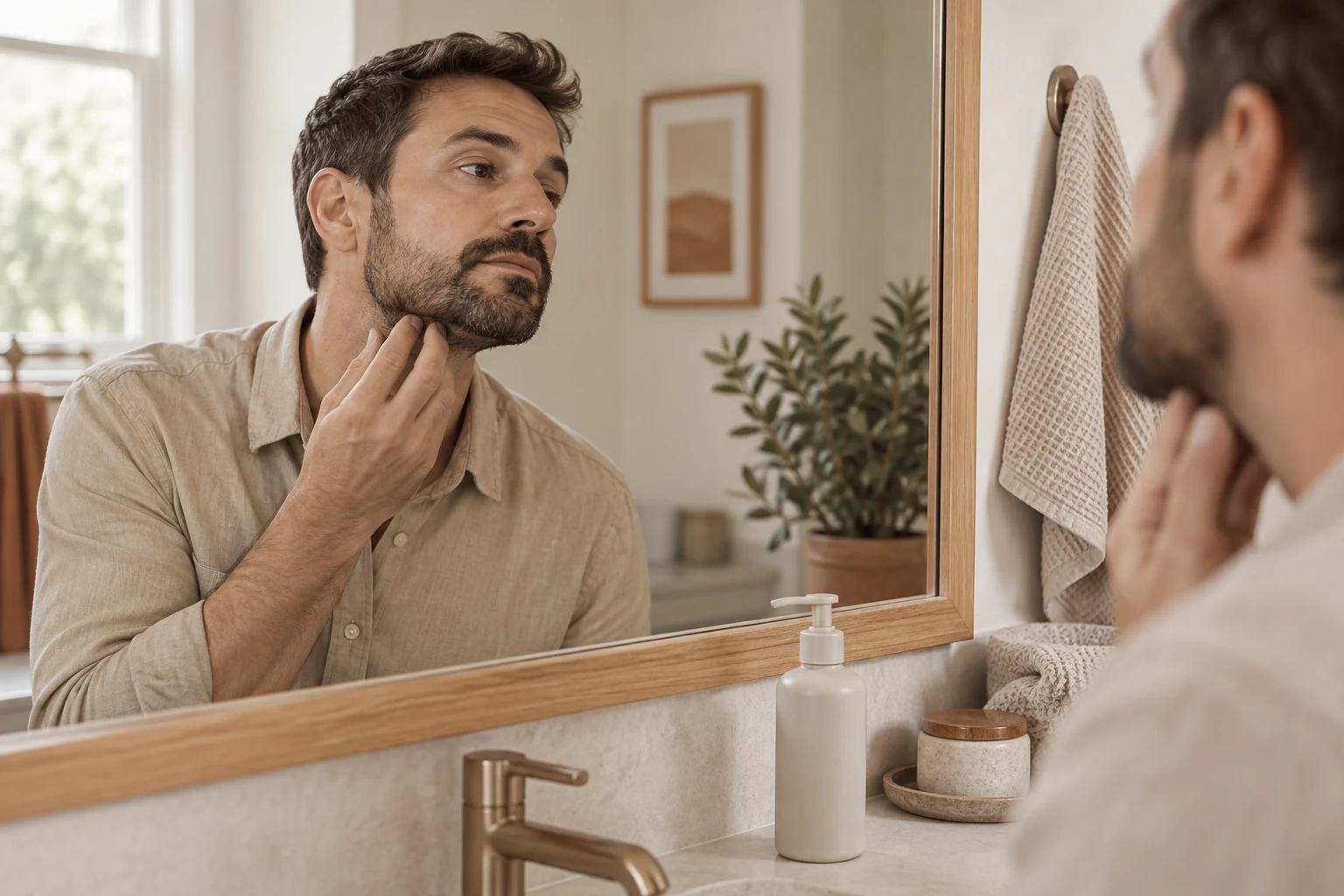 A man with a short beard looks at his face in a mirror.