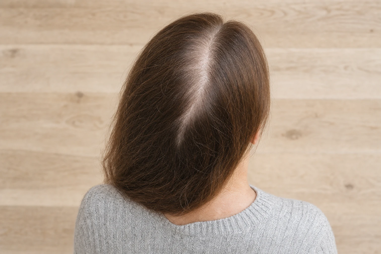 Three-quarter rear view of the top of the head of a woman with fine brown hair and a widened centre part.