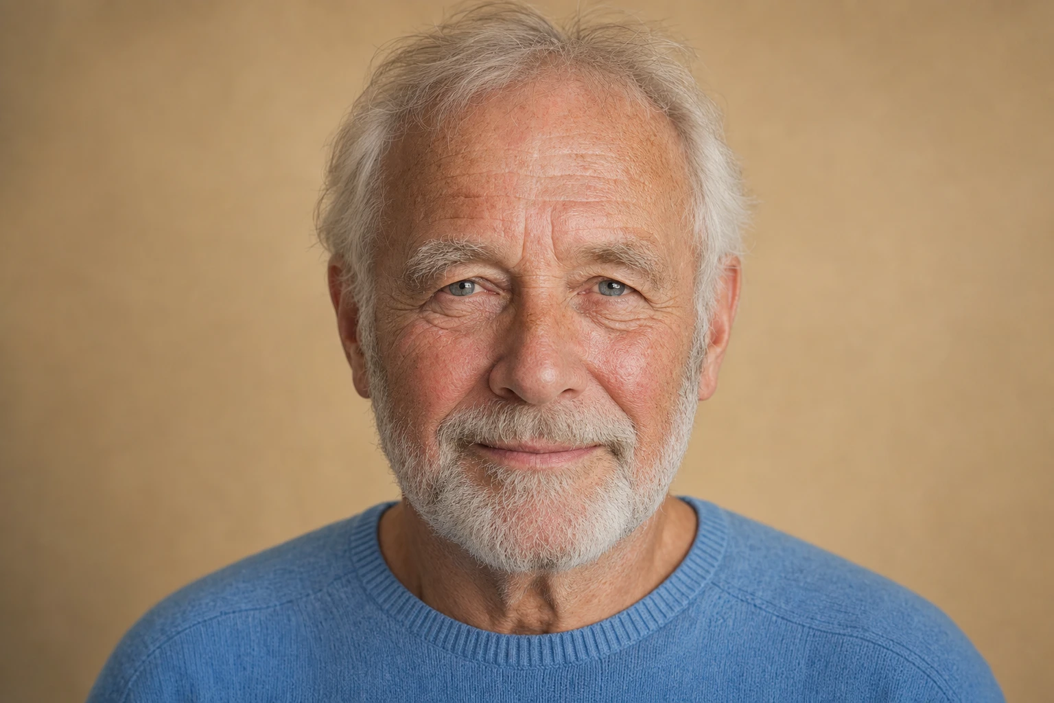 Portrait of an older man with his wrinkles and skin texture as they naturally appear, wearing a blue sweater against a sand-coloured background.