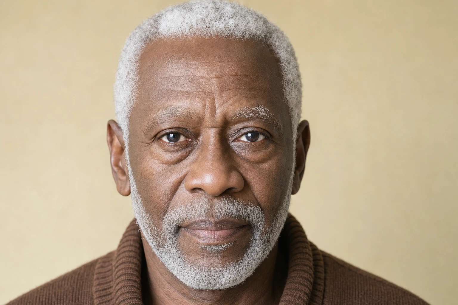 Older man with his eyes open, showing natural fullness under both eyes, with white hair and a white beard.