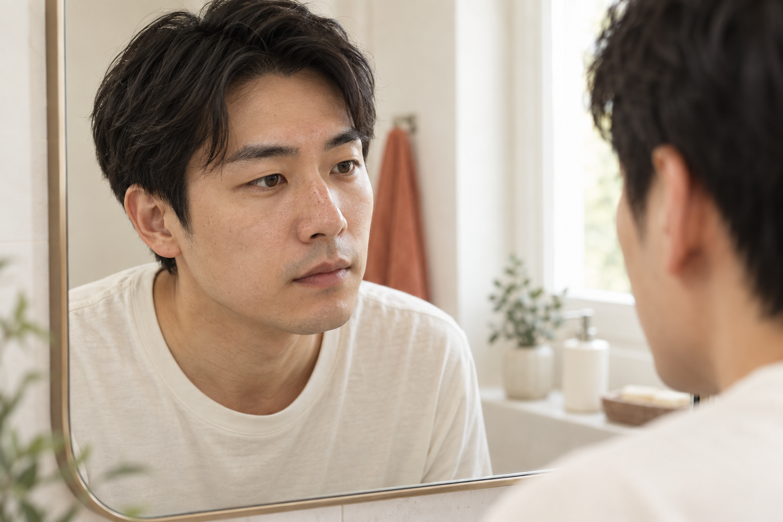 Un homme observe la peau de son visage dans un miroir.