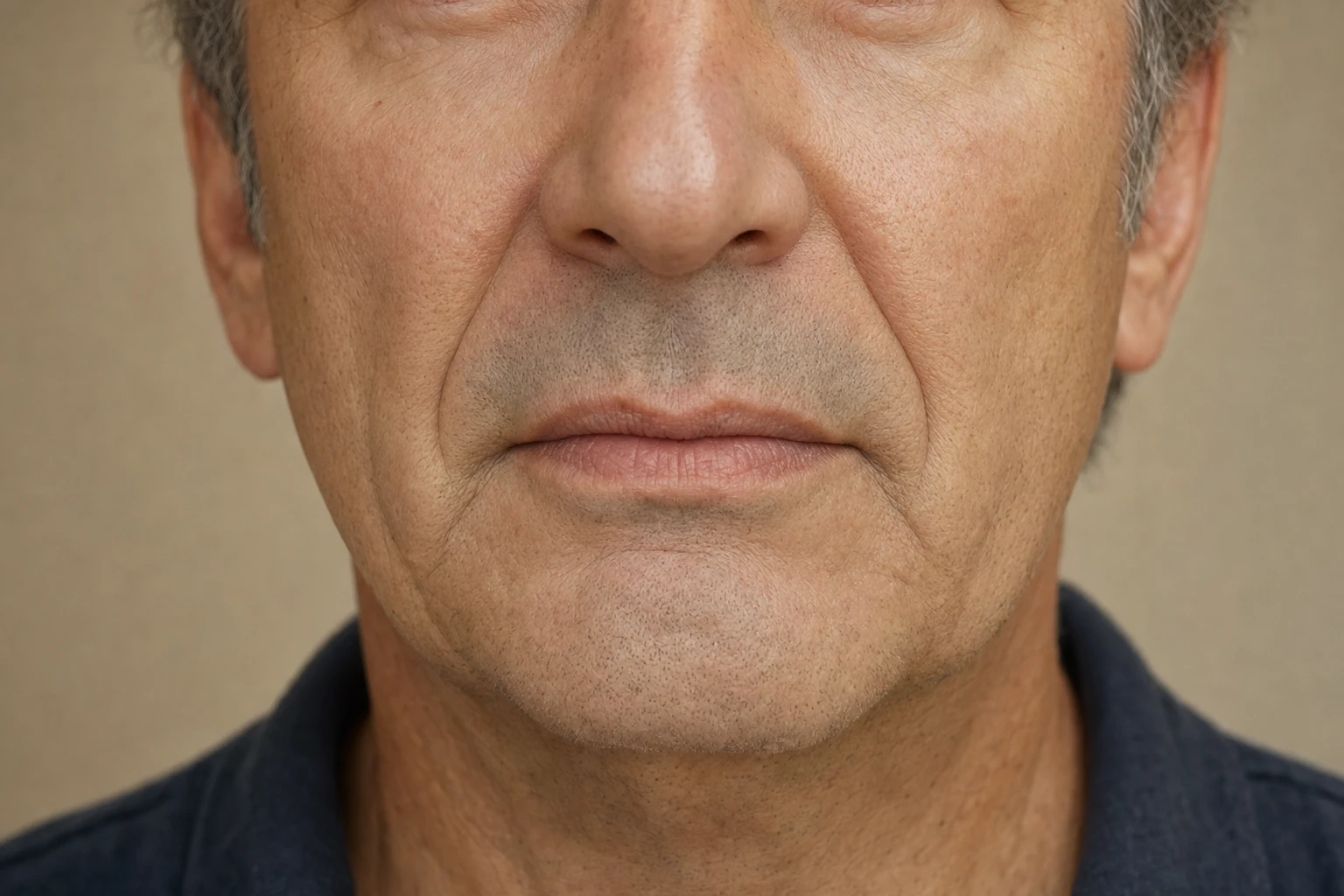 Vue de face du nez, de la bouche et du menton d’un homme mûr, avec des plis entre le nez et la bouche et sous les commissures.