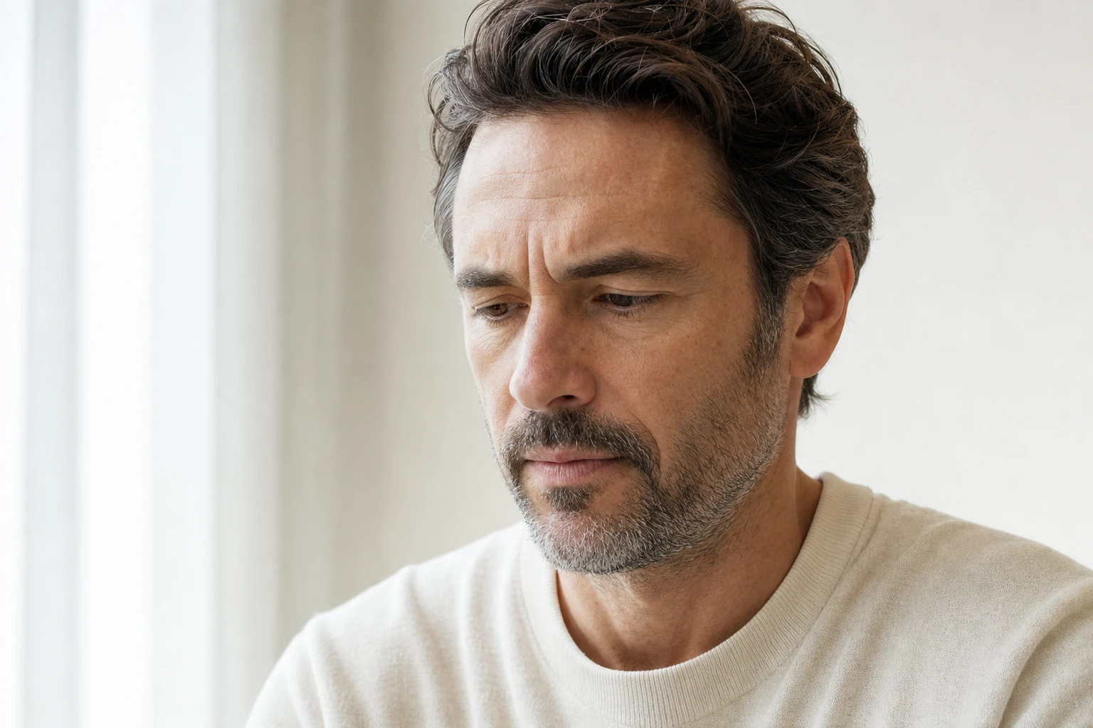 Gros plan de trois quarts d'un homme fictif, sourcils légèrement froncés par la concentration, le pli vertical entre les sourcils visible sans exagération, sous une lumière douce sur fond clair.