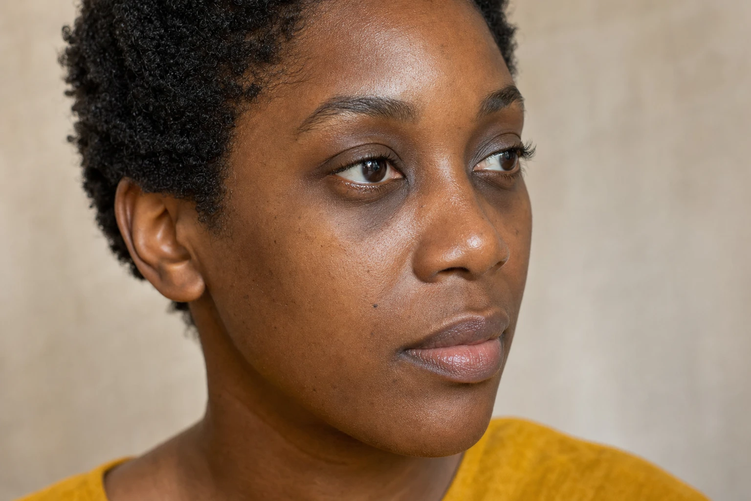 The eye area and cheek of a woman with dark brown skin, with darker colouring under the eyes.