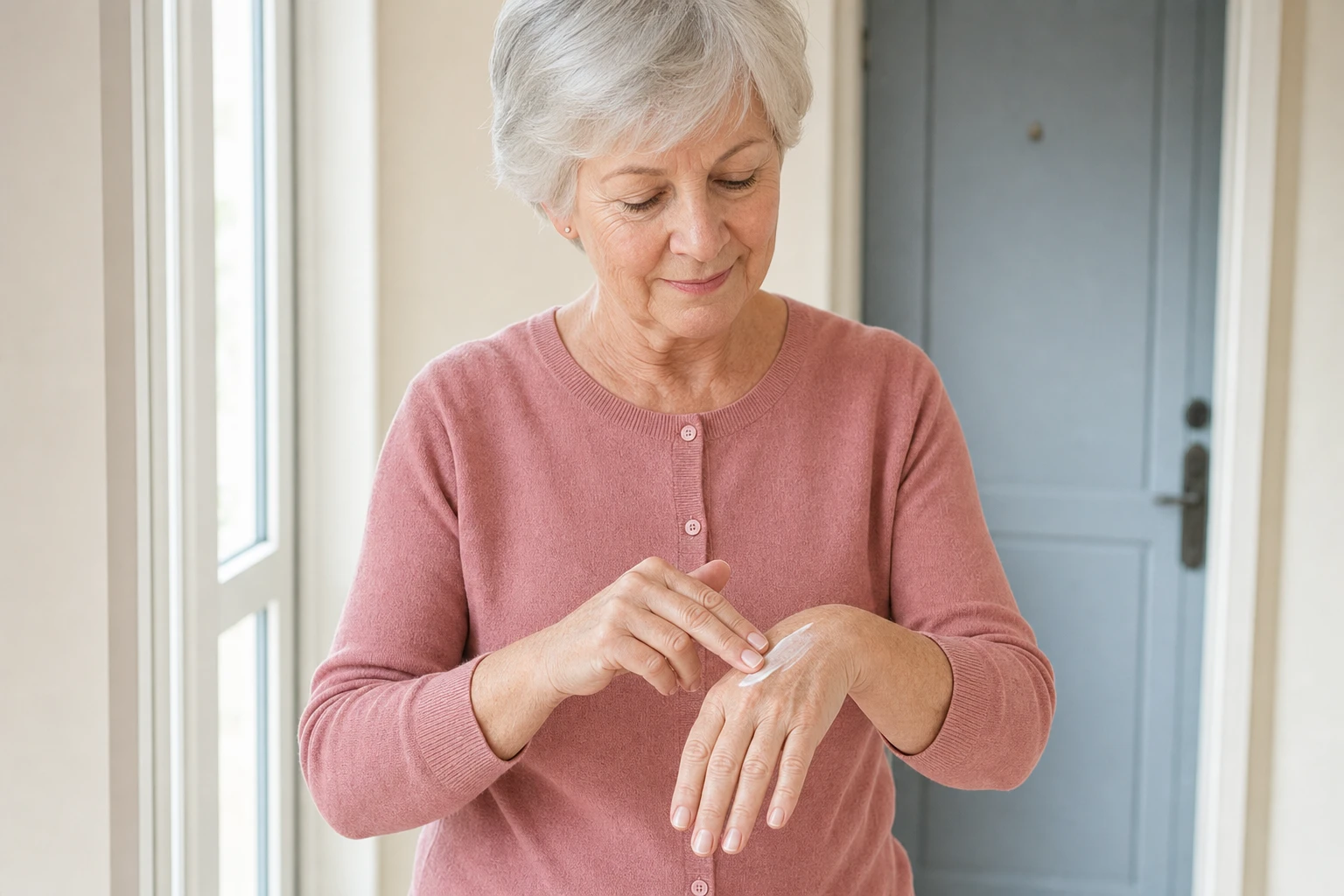 A woman with silver hair, in a powder-pink cardigan, spreads cream on the back of her hand in a bright entryway.