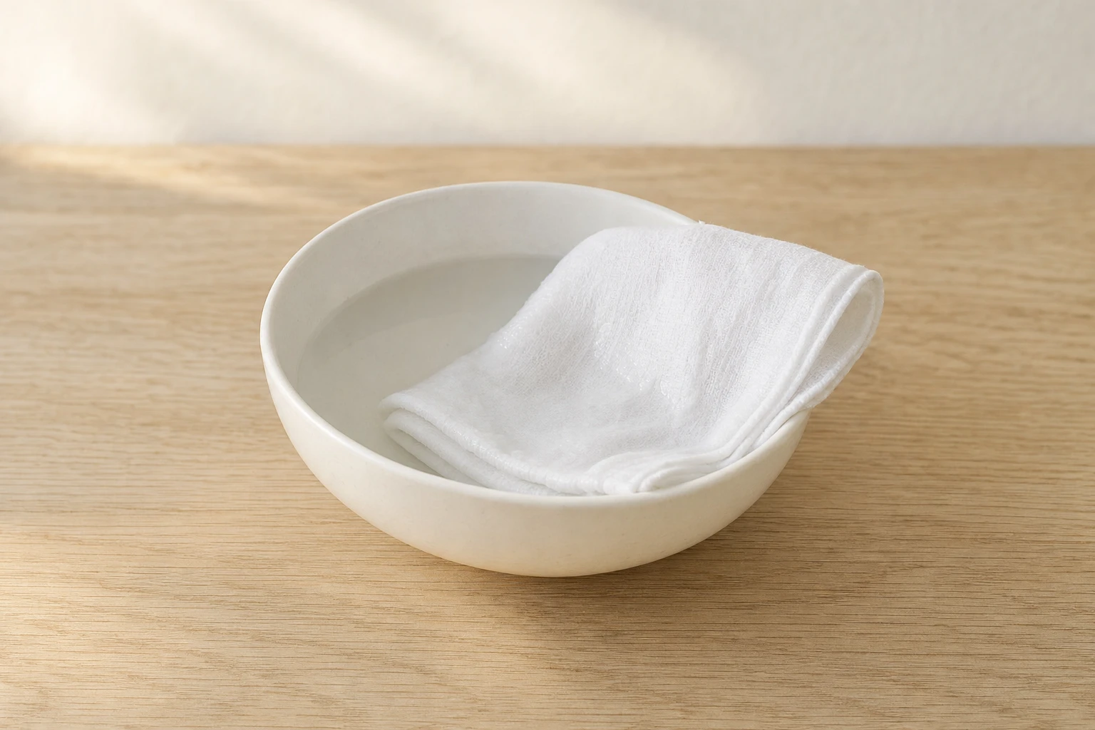 A folded, damp white cotton cloth in a bowl of cool water, on a light wood counter.