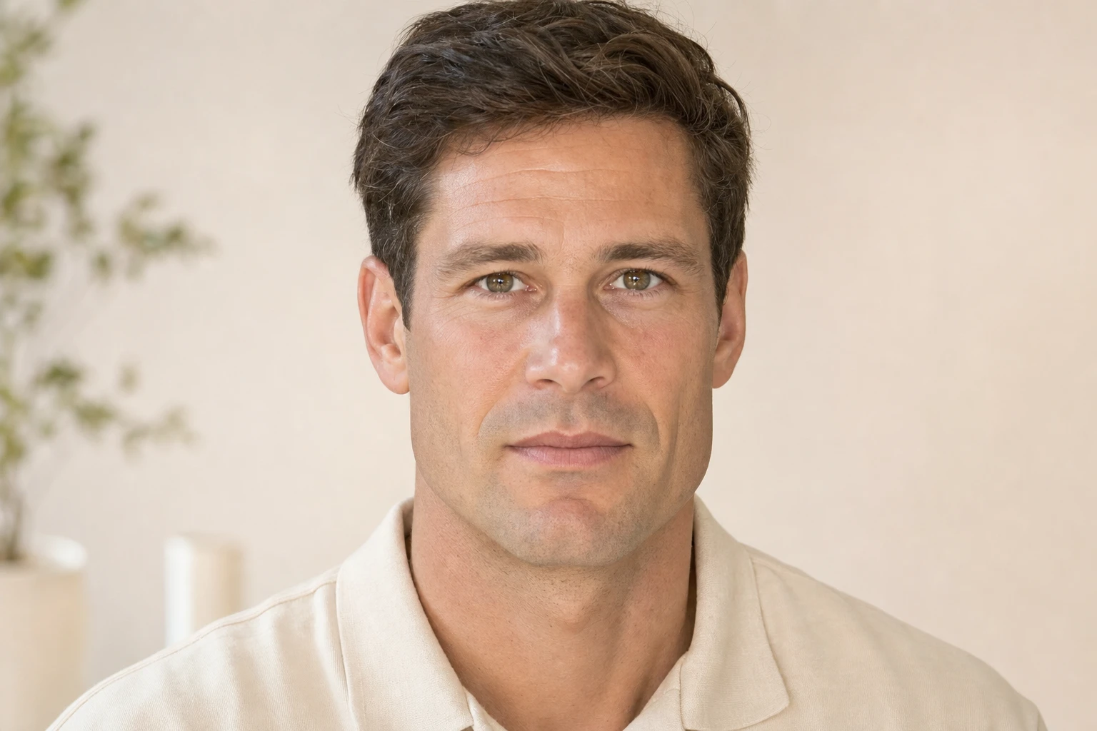 Visage au repos d'un homme fictif, de trois quarts, expression neutre, avec une mâchoire naturellement large et carrée, sans marquage ni exagération.