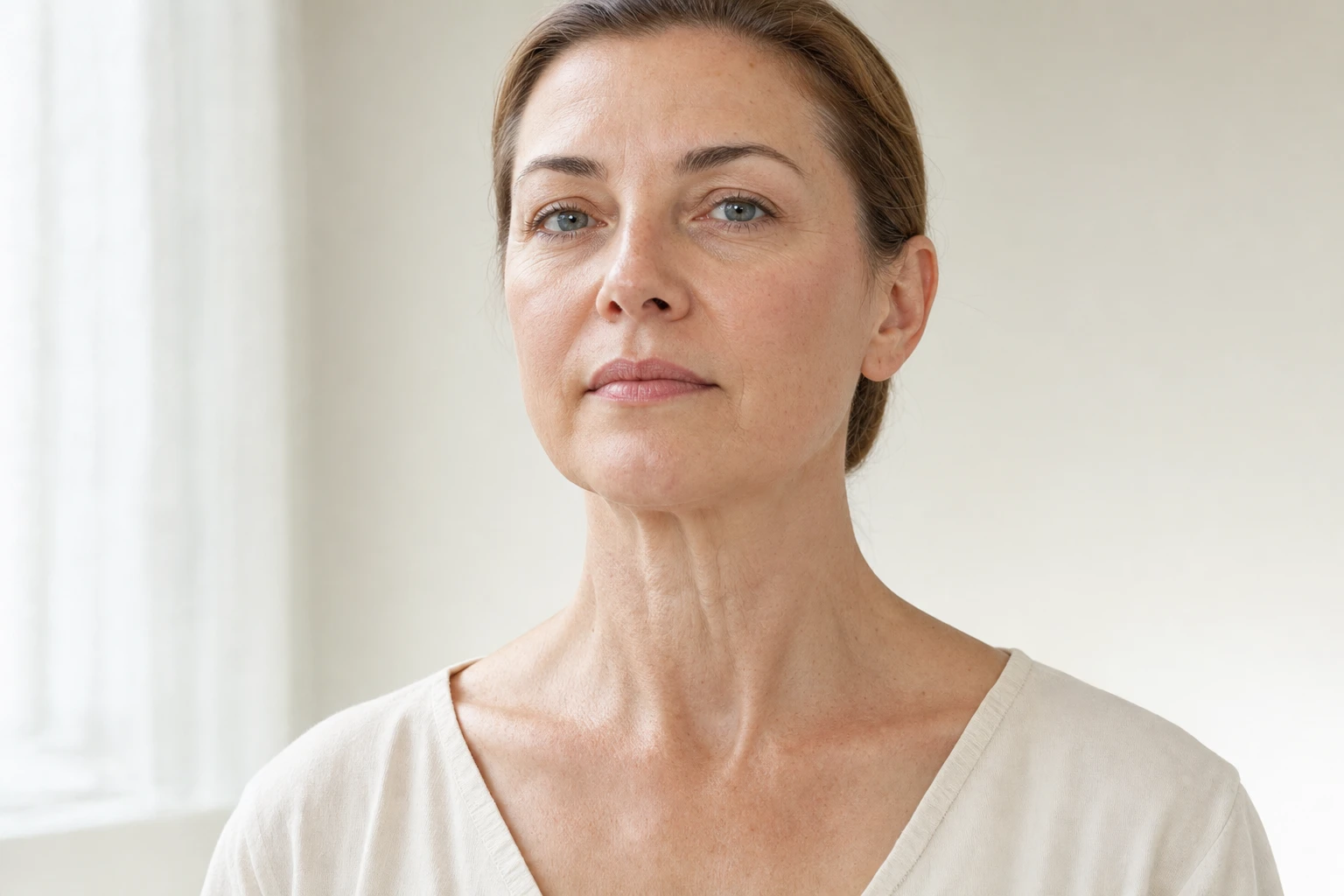 Fictional woman shown in a three-quarter view, with a natural neck appearance and posture, and subtle vertical neck bands visible without exaggeration or markings.
