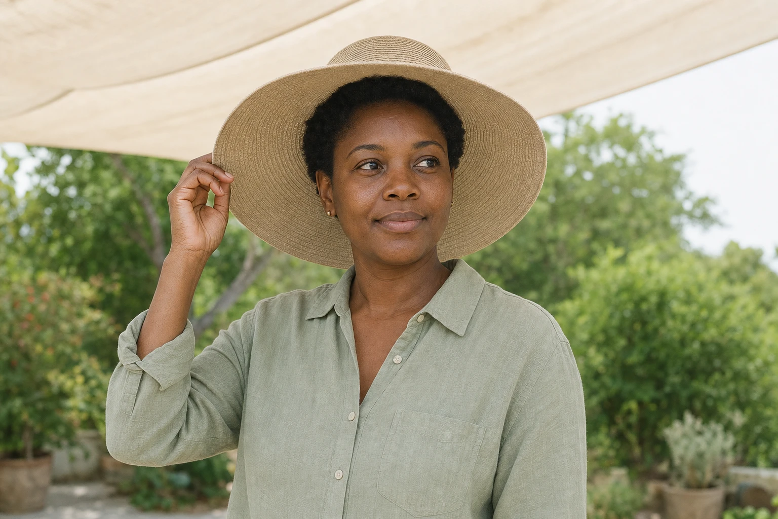 A woman beneath a shade canopy holds the brim of her wide-brimmed hat in a garden.