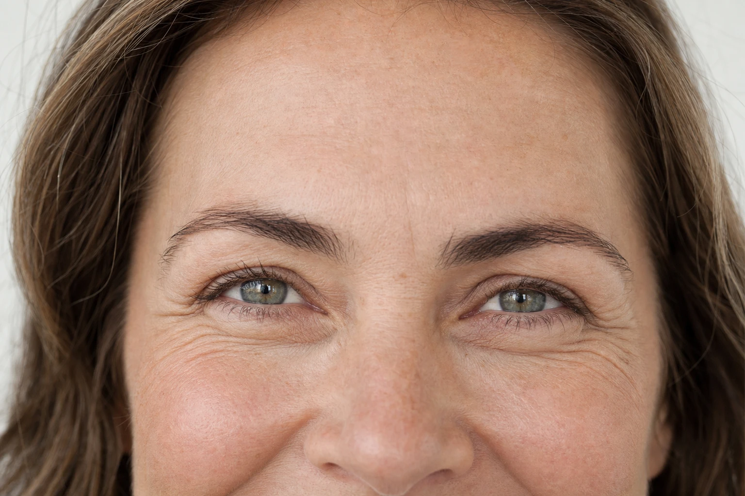 Visage d'une femme fictive souriant franchement, cadrage serré sur le haut du visage : les fines rides en éventail au coin externe des yeux sont visibles au naturel, sans marquage ni retouche de la peau.