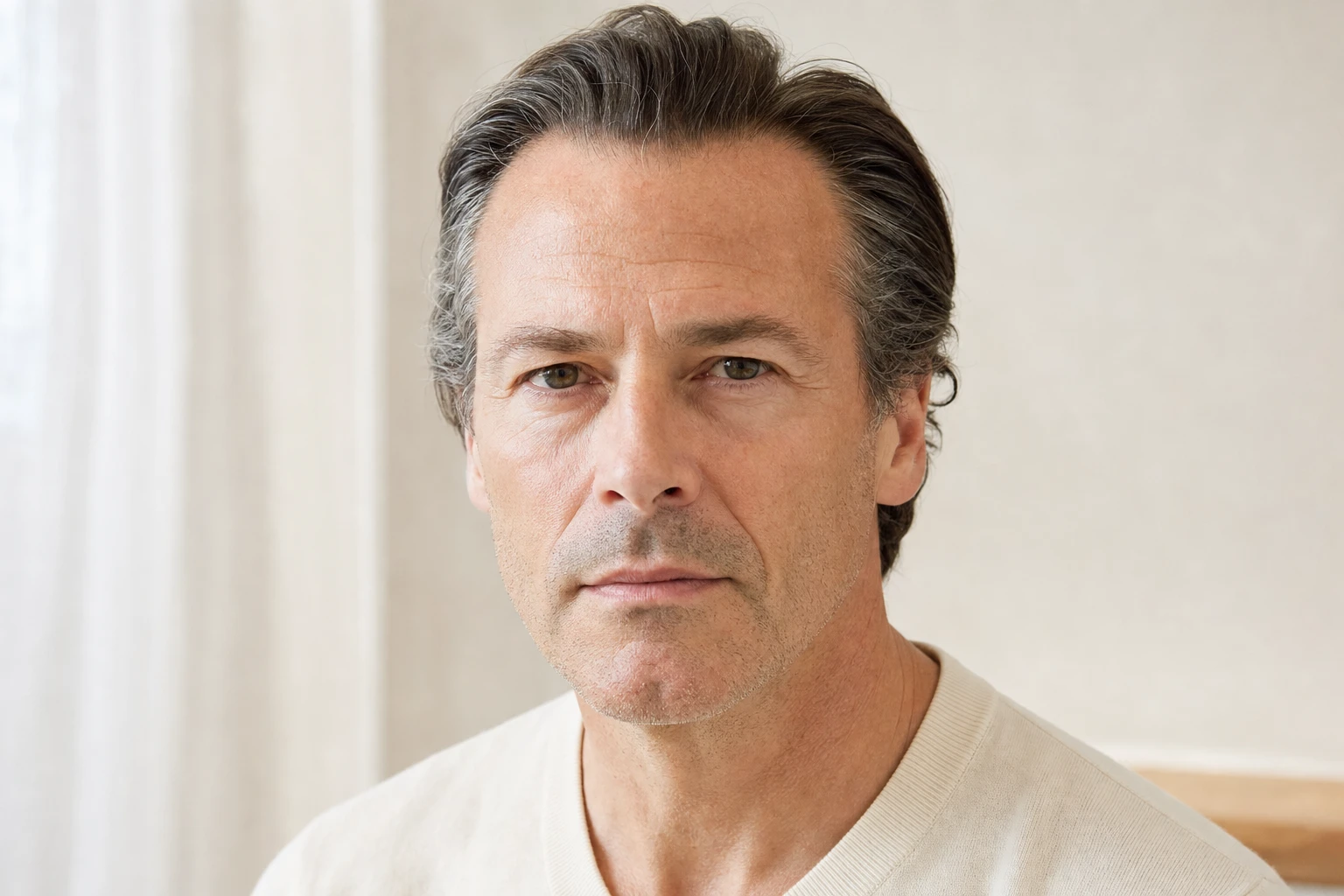 Homme fictif de trois quarts, visage au repos, joues et bas du visage visibles au naturel, sans marquage ni retouche de la peau.