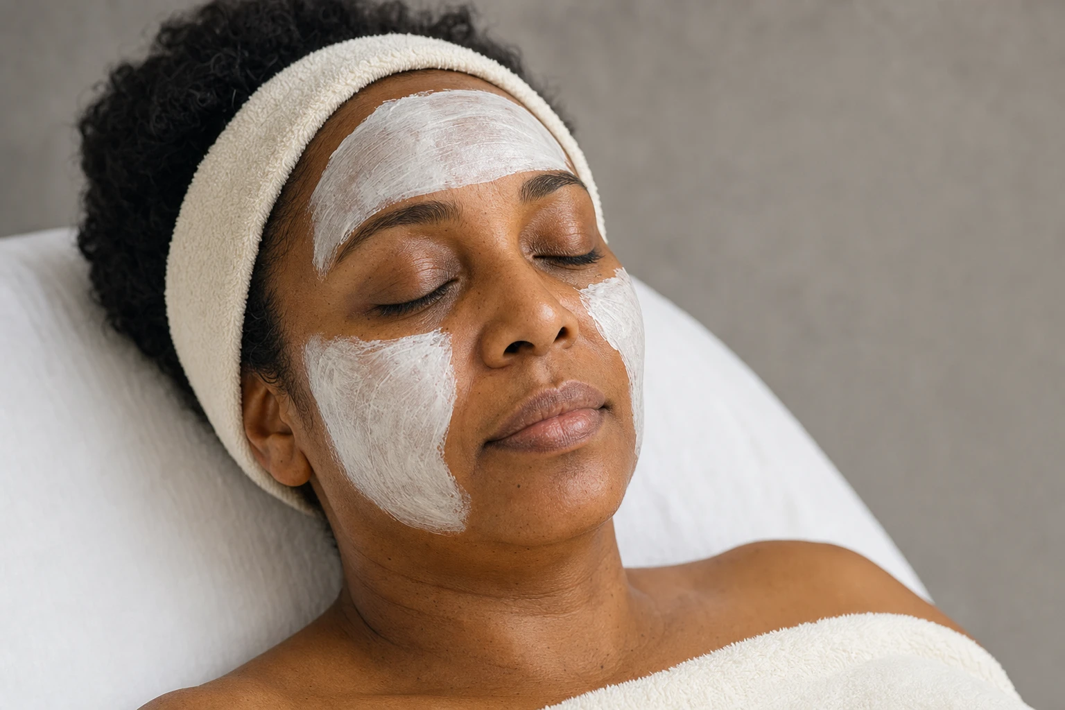 A woman lying down with her eyes closed, wearing an ecru headband and a white mask on her forehead and cheeks.