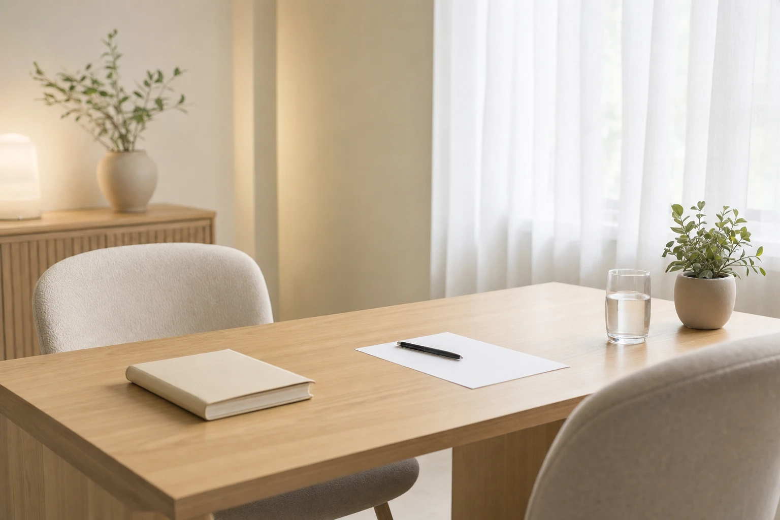 Bright consultation room with a light wood desk, two armchairs facing each other, a closed notebook, a blank sheet of paper and a glass of water.