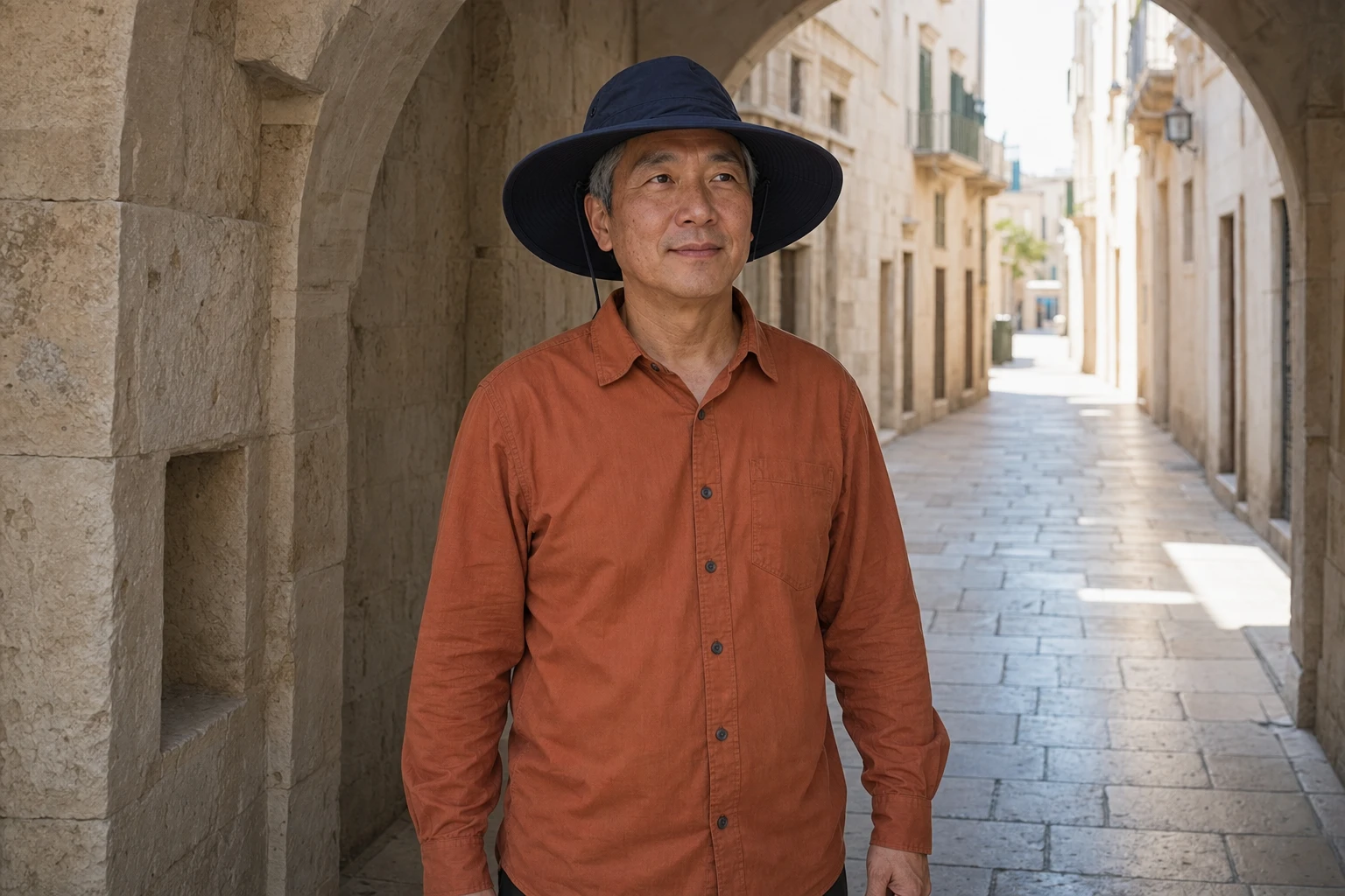 A man wearing a wide-brimmed hat and a long-sleeved shirt, in the shade of a stone arch.