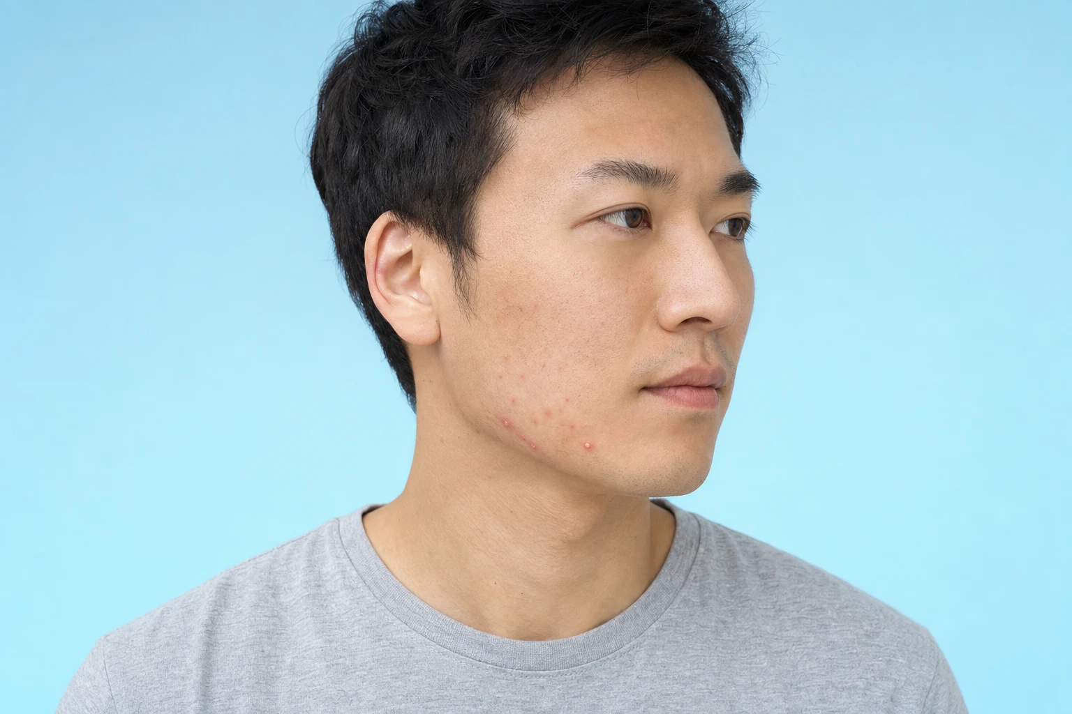 An adult man's cheek and jaw in three-quarter view, with a few red pimples and small whiteheads.
