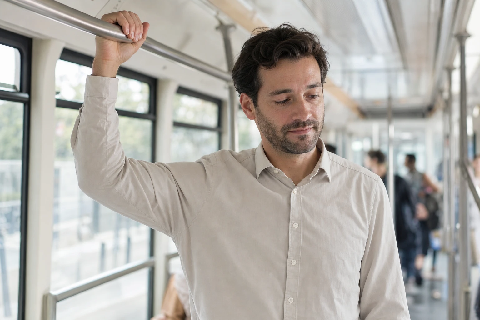 Homme fictif habillé d'une chemise claire, debout dans un tramway lumineux, tenant une barre de maintien le bras légèrement levé, l'attitude un peu gênée, sans aucune trace de sueur visible.