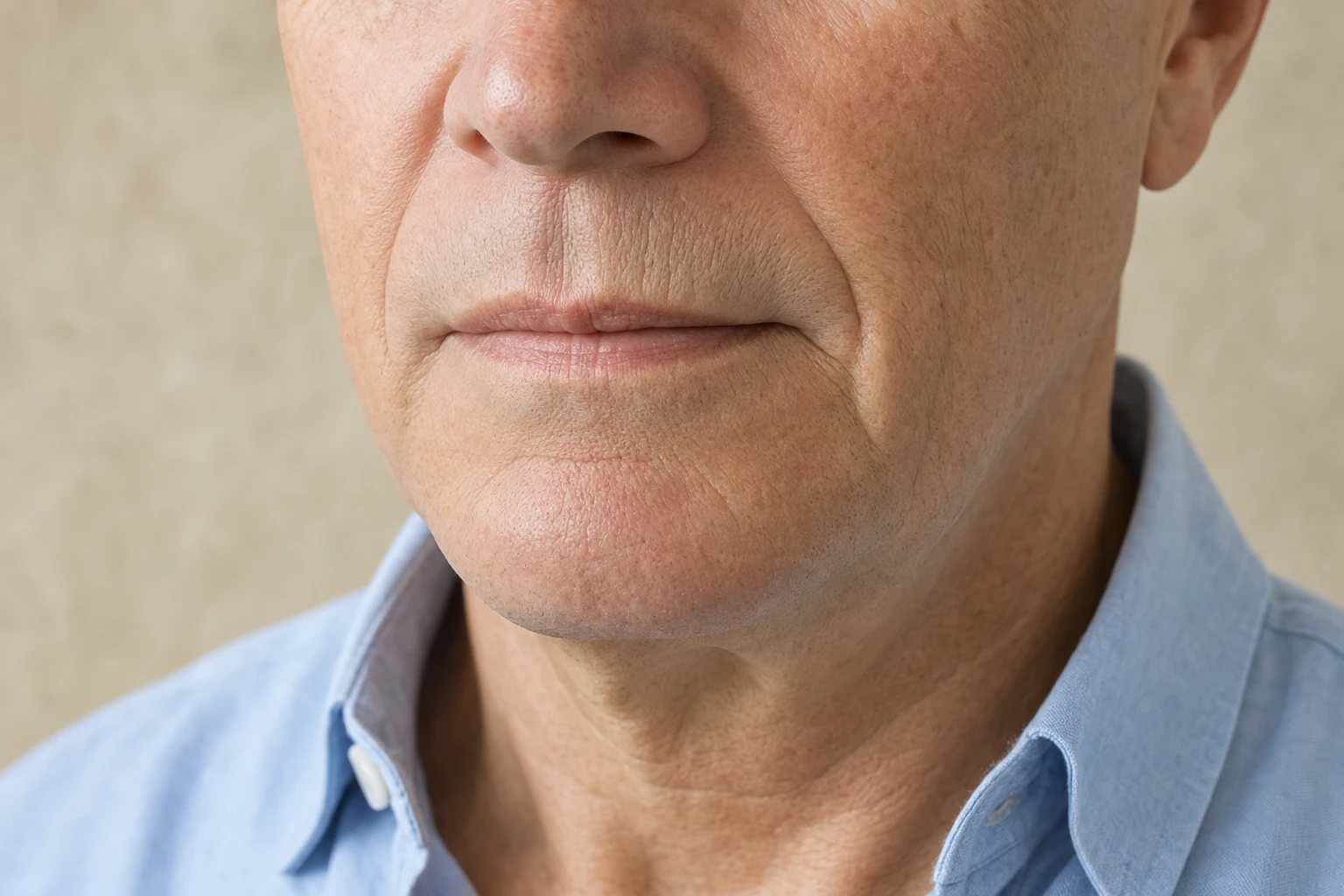 Three-quarter view of a man's lower face, with fine wrinkles above the upper lip and a fold at the corner of the mouth.