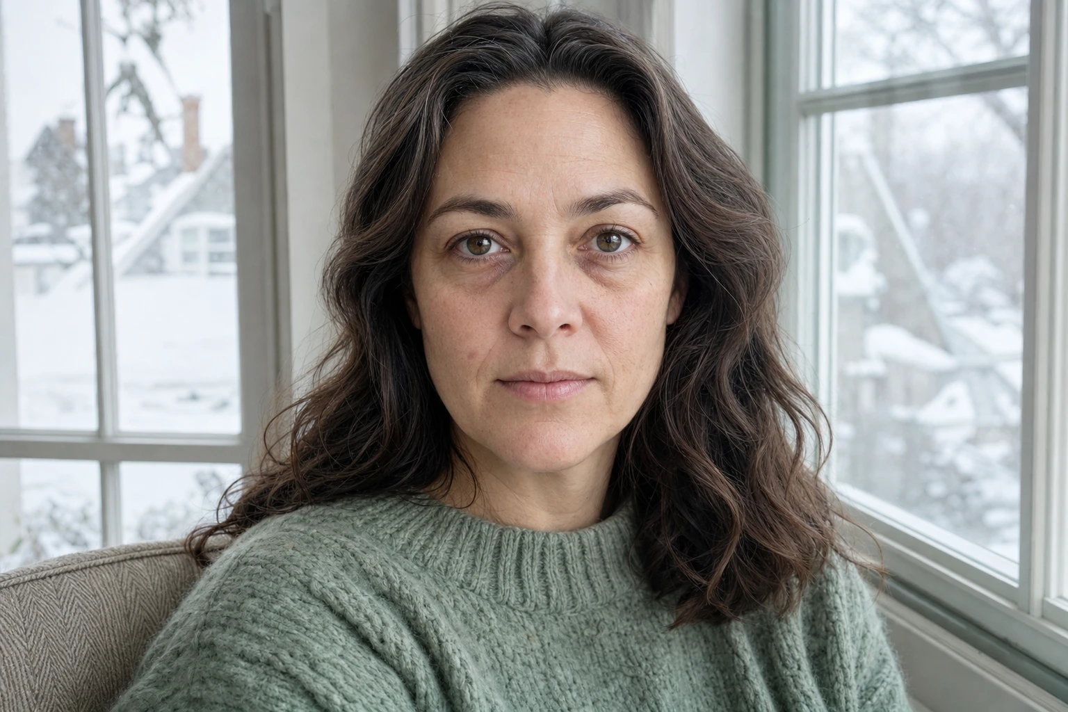Woman in her forties near a winter window, with visible dark circles beneath both eyes.