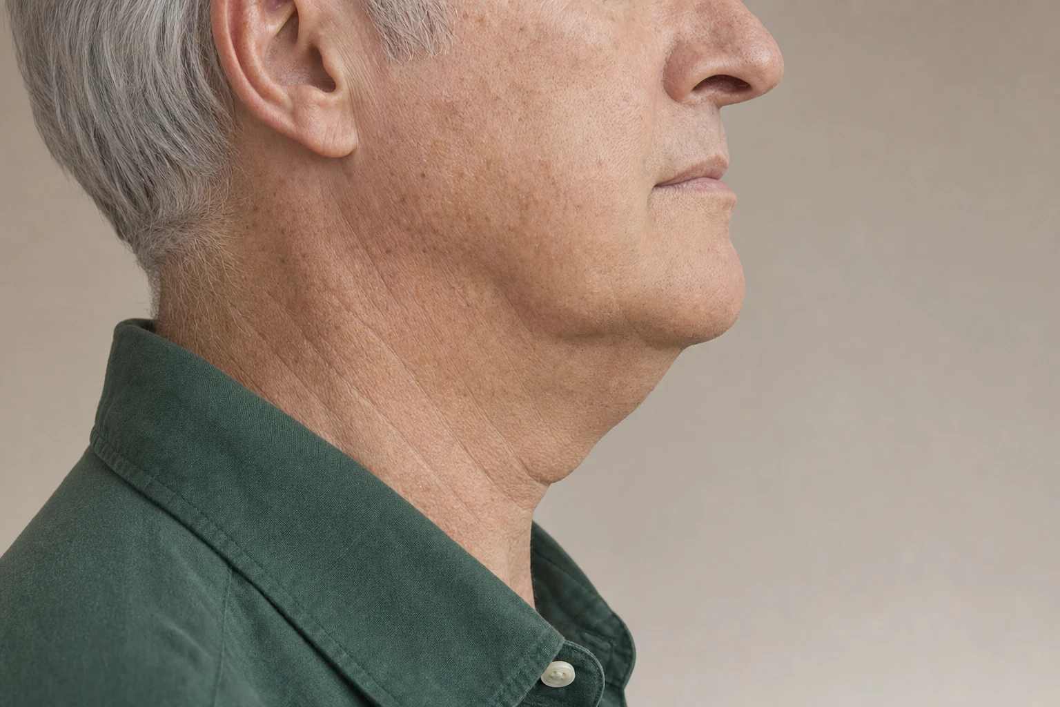 Lower face and neck of a mature man in side profile, with a natural fold beneath his chin.