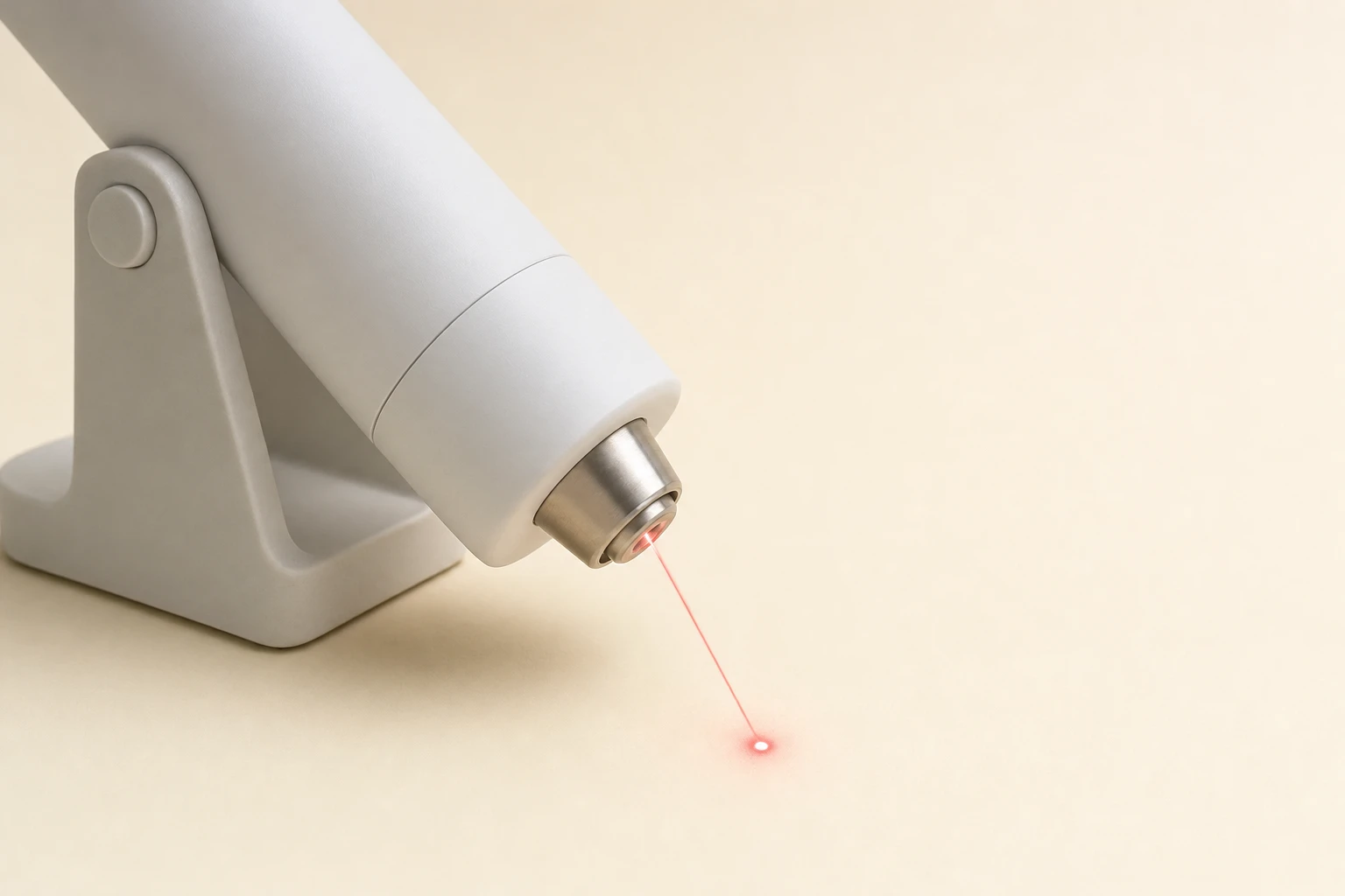 Tip of a laser device emitting a fine beam of light onto a light-coloured surface.