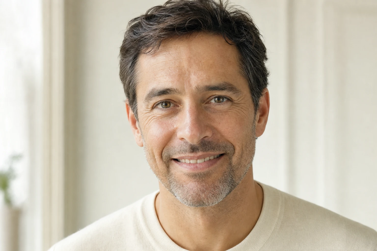 Visage souriant d'un homme fictif, les rides du coin des yeux naturellement visibles quand il sourit, sans marquage ni retouche de la peau.