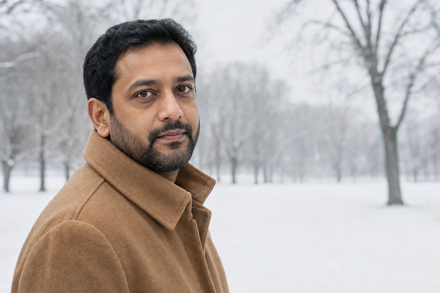Man with a black beard in a camel coat in a snowy park, with natural brown dark circles under his eyes.