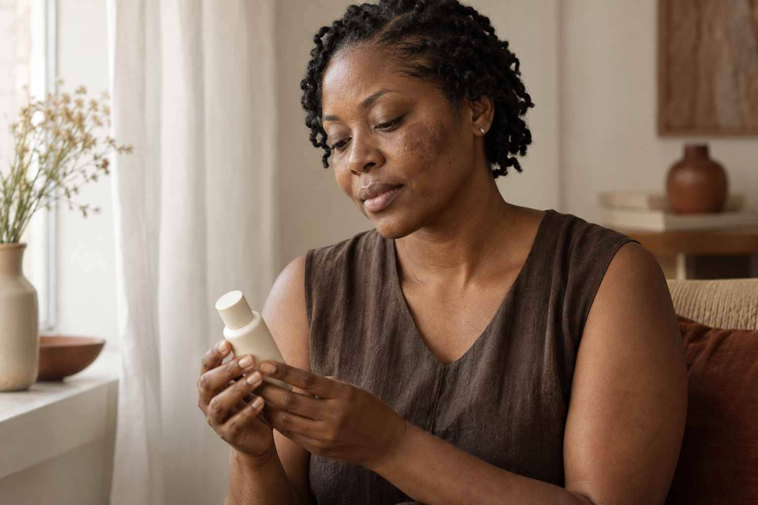 A dark-skinned woman holding a skin care bottle, with visible pigmentation on her cheeks.