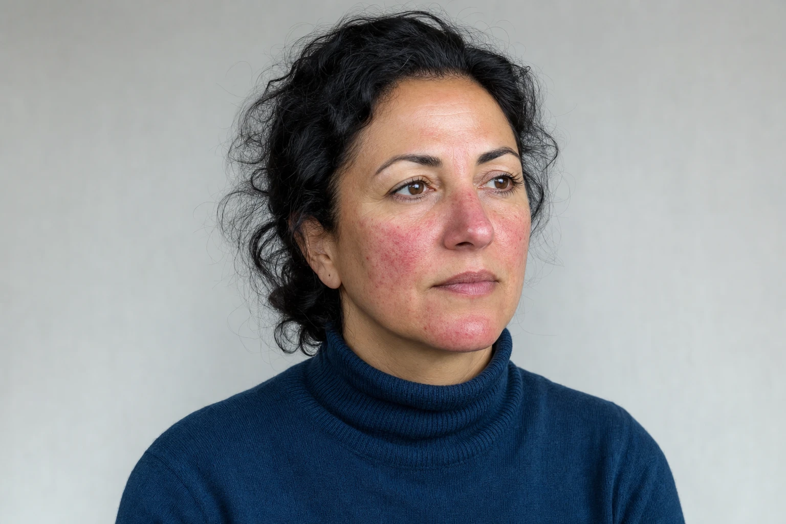 Portrait de trois quarts d’une femme à la peau beige olive, avec des rougeurs sur les joues, le nez et le menton et quelques petits boutons rouges.