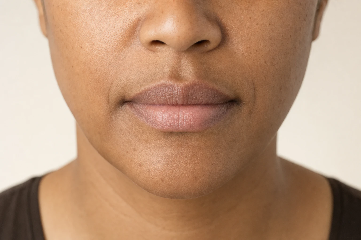 Bas du visage d’une adulte, lèvres naturelles fermées et contour de la bouche visibles.