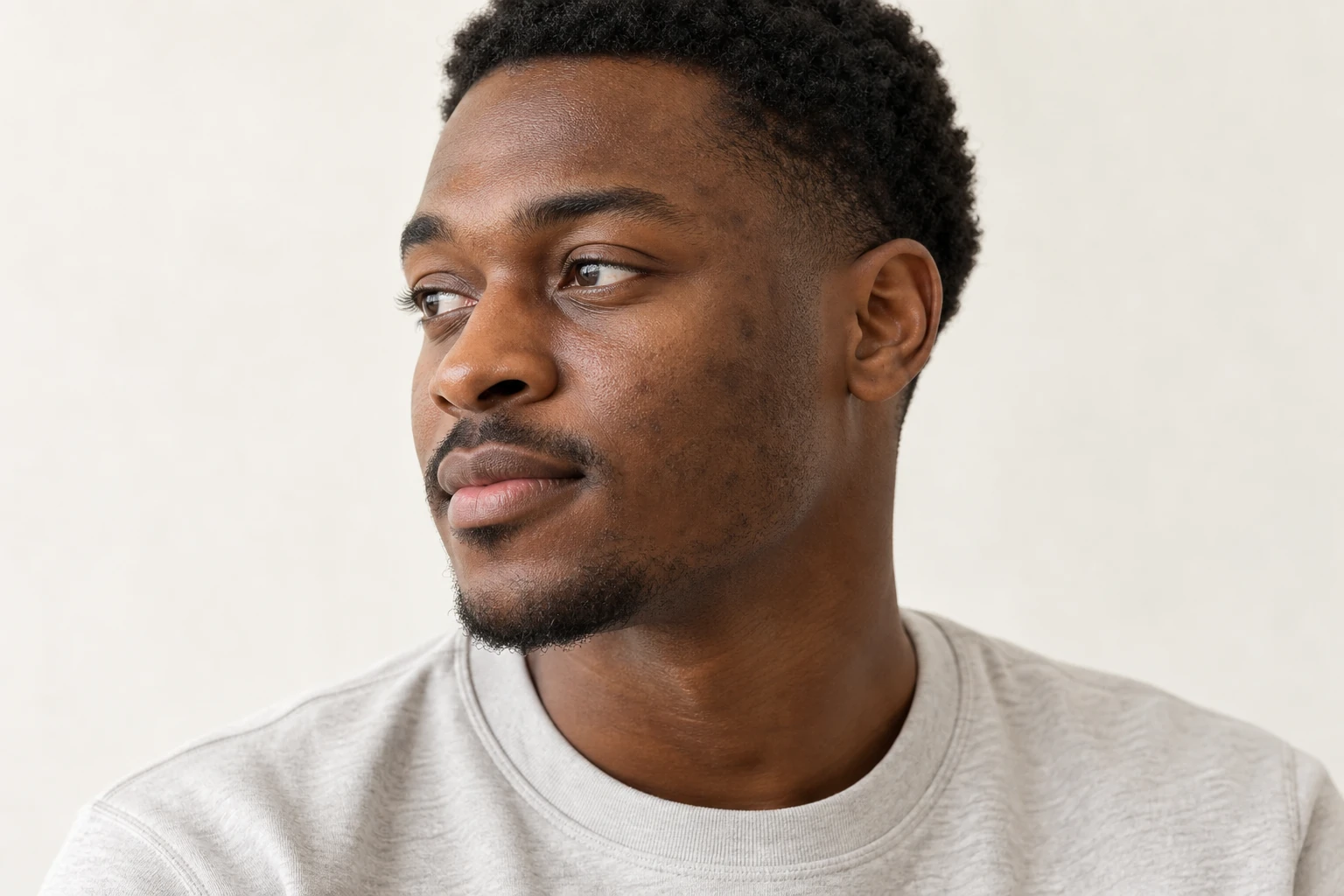 Portrait of a dark-skinned man with small visible marks on his cheek.