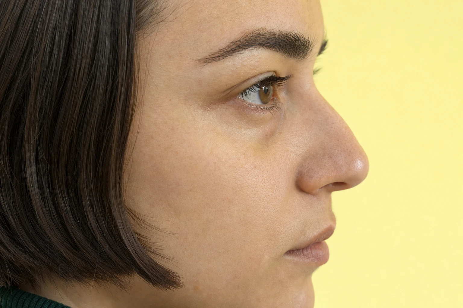 Half-profile view of a fictional young woman showing a slight groove under the eye and its shadow in side lighting.