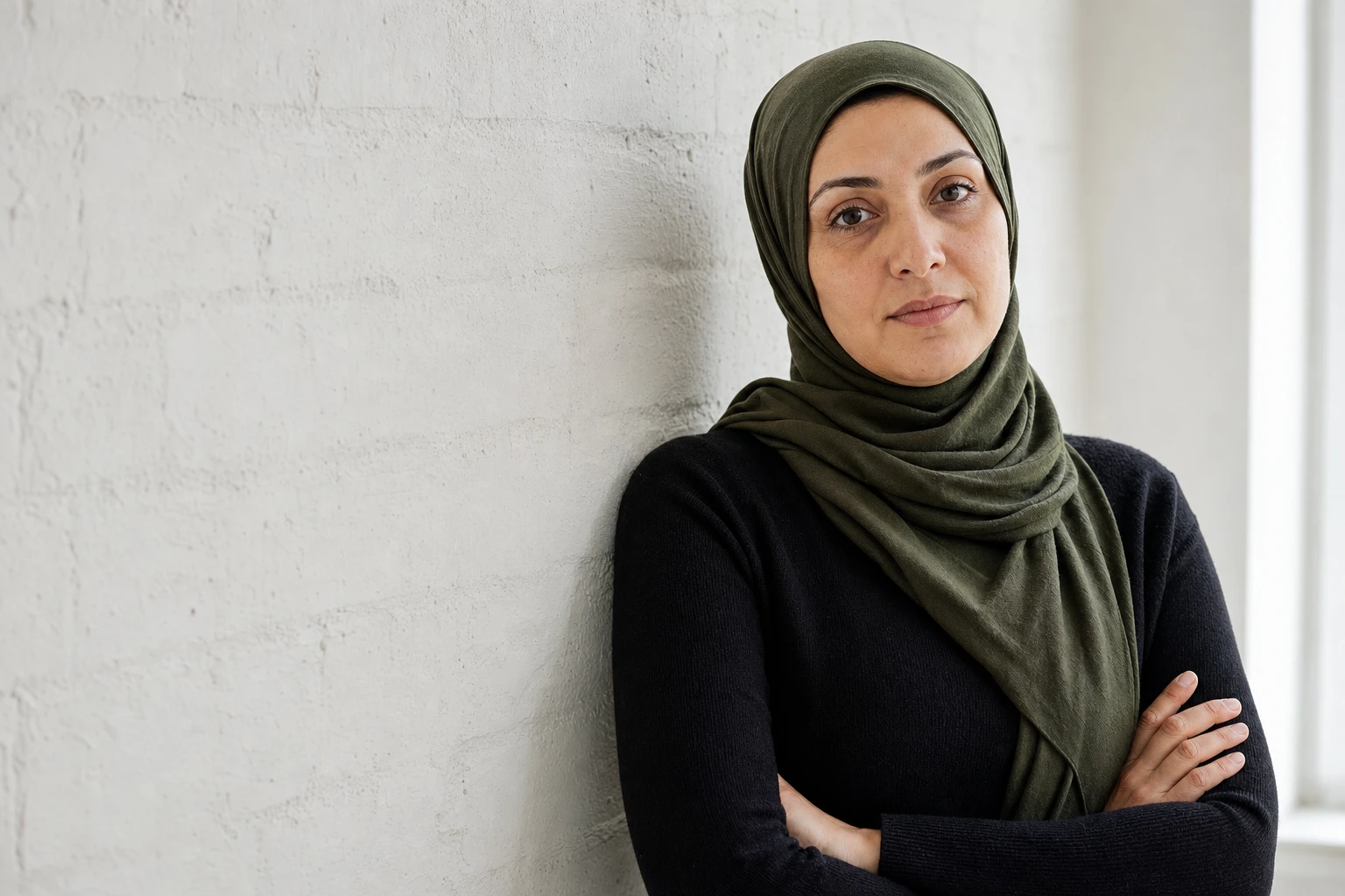 Woman wearing an olive-green hijab, arms crossed, against a white brick wall, looking thoughtful, with dark circles as they naturally appear.