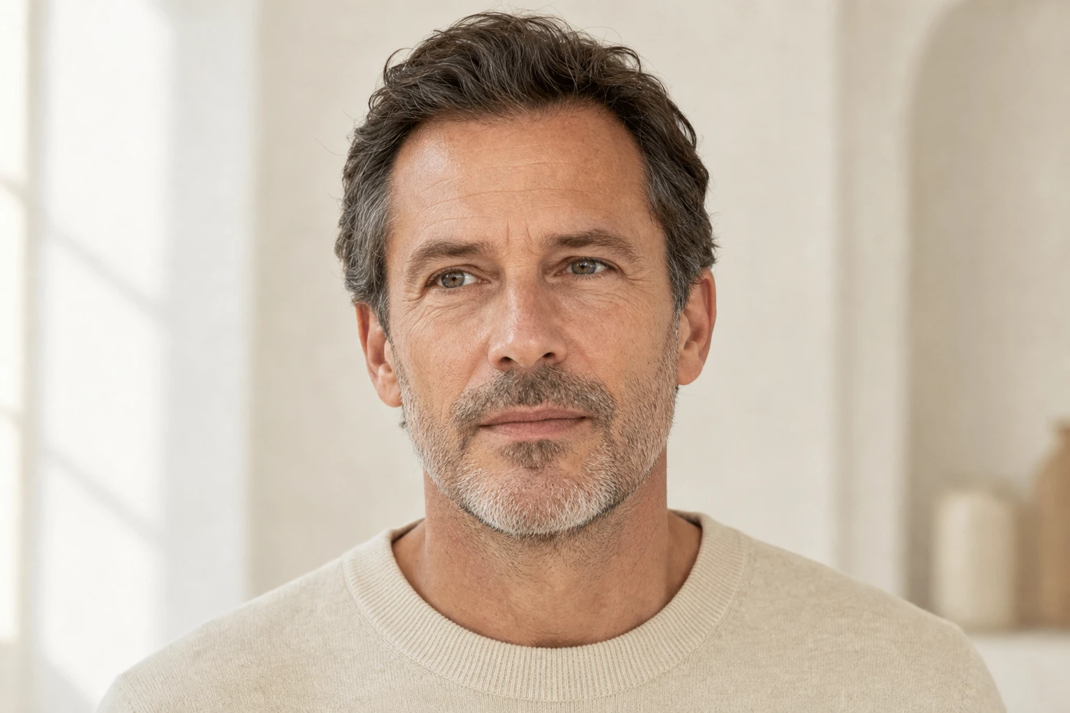 Portrait of an adult man with a relaxed face, his forehead, eyes, cheeks and jaw visible, in front of a light-coloured wall.