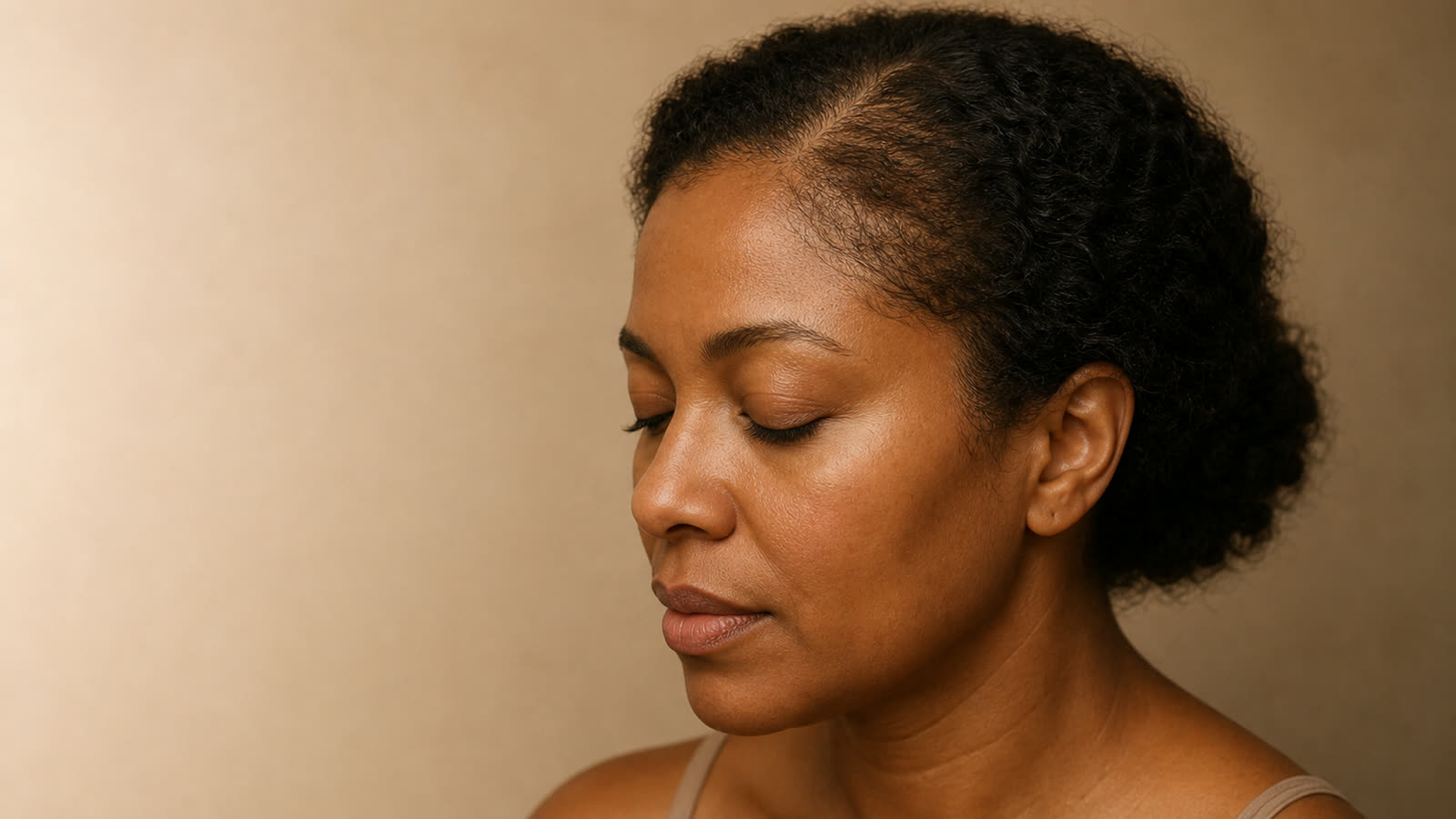 Editorial portrait of a woman with diffuse hair thinning near the temple