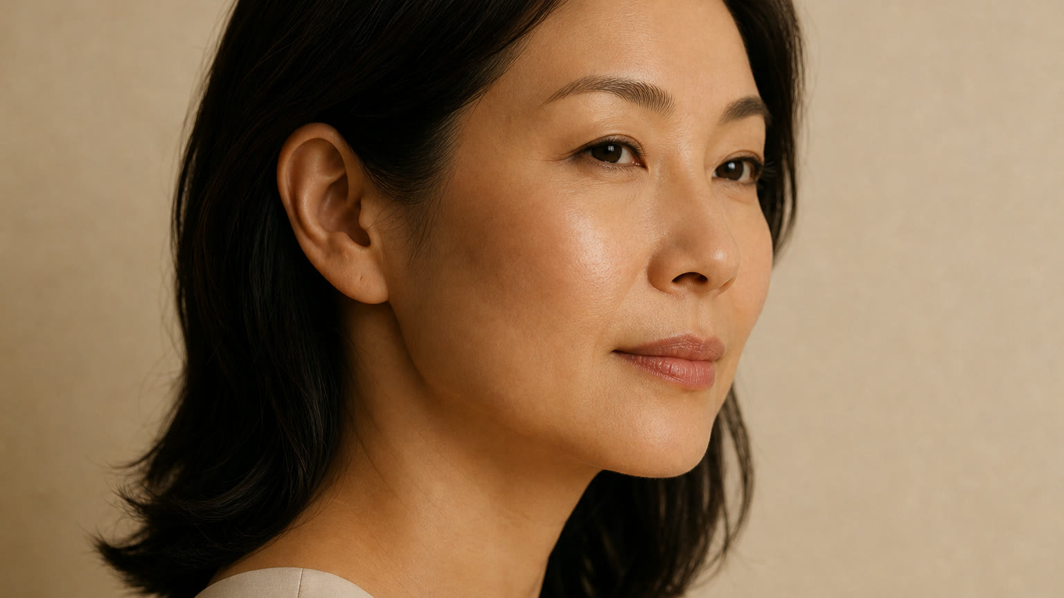Three-quarter editorial portrait of a woman highlighting her natural facial contours